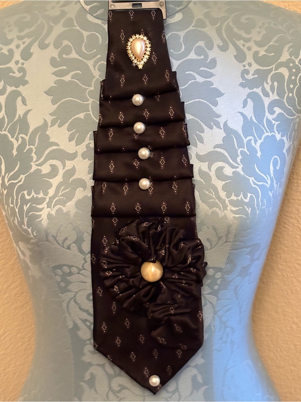 Black Satin necktie necklace with Pearl Accents